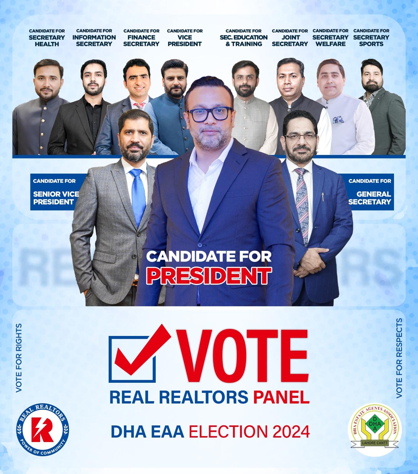 candidates for real realtors panel DHA estate agents elections, winner 11 zeeshan butt president