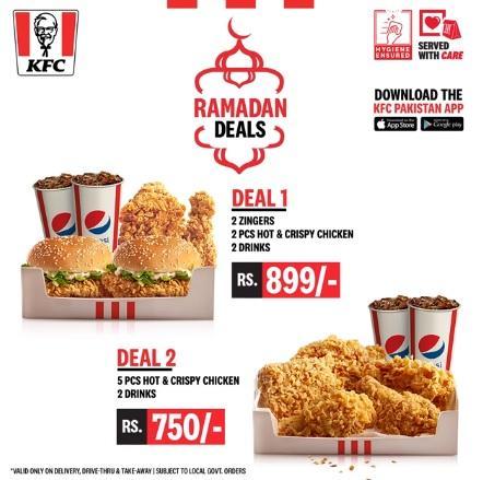 KFC Iftar Deals are here:Get 2 Zingers, 2 Pcs Hot & Crispy Chicken & 2 Drinks for just PKR 899 and 5 Pcs Hot & Crispy Chicken & 2 Drinks, for PKR 750. Moreover, Get 5 pieces chicken for only PKR 499 with this limited time offer only.