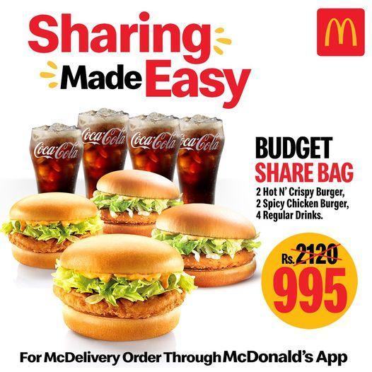 McDonald's exclusive Ramadan deal with 2 Spicy McCrispy, 2 Sprite Lemon Mint 500 ml, and 1 Medium McFries costs PKR 950. McDonald's has another exclusive Ramadan 2025 deal with family & friends. 2 Hot N' Crispy Burgers, 2 Spicy Chicken Burgers, and 4 Regular drinks for just PKR 995.