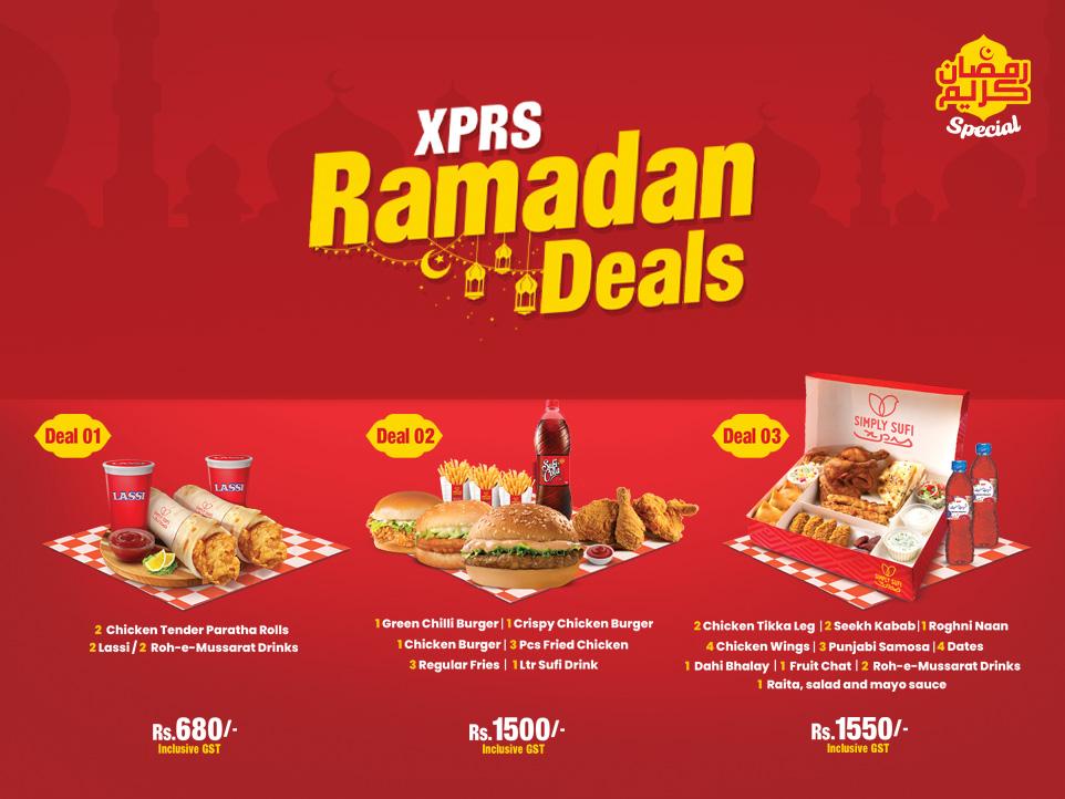 Sufi Restaurant is an local fast food chain in Pakistan. It is competitive against KFC, Hardee's and McDonald's. It is providing another amazing deal for the Ramadan 2025. There 2 amazing deal. 1st deal will cost at PKR 1500, which will include 1 Green Chilli Burger, crispy chicken Burger, 1 chicken burger, 3 regular fried chicken, and 1 Ltr sufi drink. Another deal will cost PKR 1550, which will include 2 chicken tikka leg, 2 seekh Kabab, roghni naan, 4 chicken wings, 3 Punjabi samosa, 4 dates, 1 dahi bhalay, fruit chaat, 2 roh-e-Mussarat drink, 1 raita, salad, and mayo sauce.