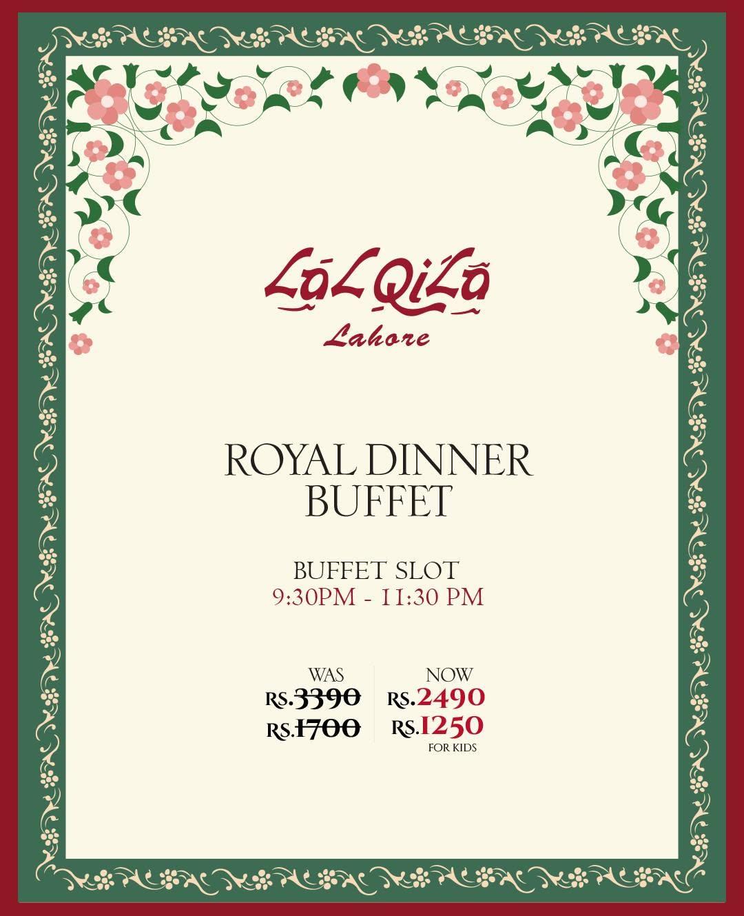 Lal Qila is the top brand, not just in Lahore but across Pakistan, and it is one of the top restaurants in Pakistan. Lal Qila usually offers a buffet, and it is famous for it. Lal Qila is also offering an exclusive Ramadan buffet. Lal Qila Royal Dinner Buffet for Iftar is now at 2490 PKR. Lal Qila Sheri buffet cost is 2190 PKR.