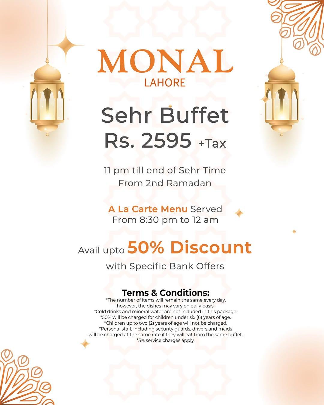 4) Monal Lahore is another top brand restaurant in Pakistan, and it is also famous across Pakistan. Monal always provides top-class service and food. It is known for its buffet and exclusive deals. Monal Lahore is offering an exclusive deal for its buffet. Monal Lahore Buffet cost is 4195 + Tax for Iftar dinner and Sheri is 2495 + Tax.